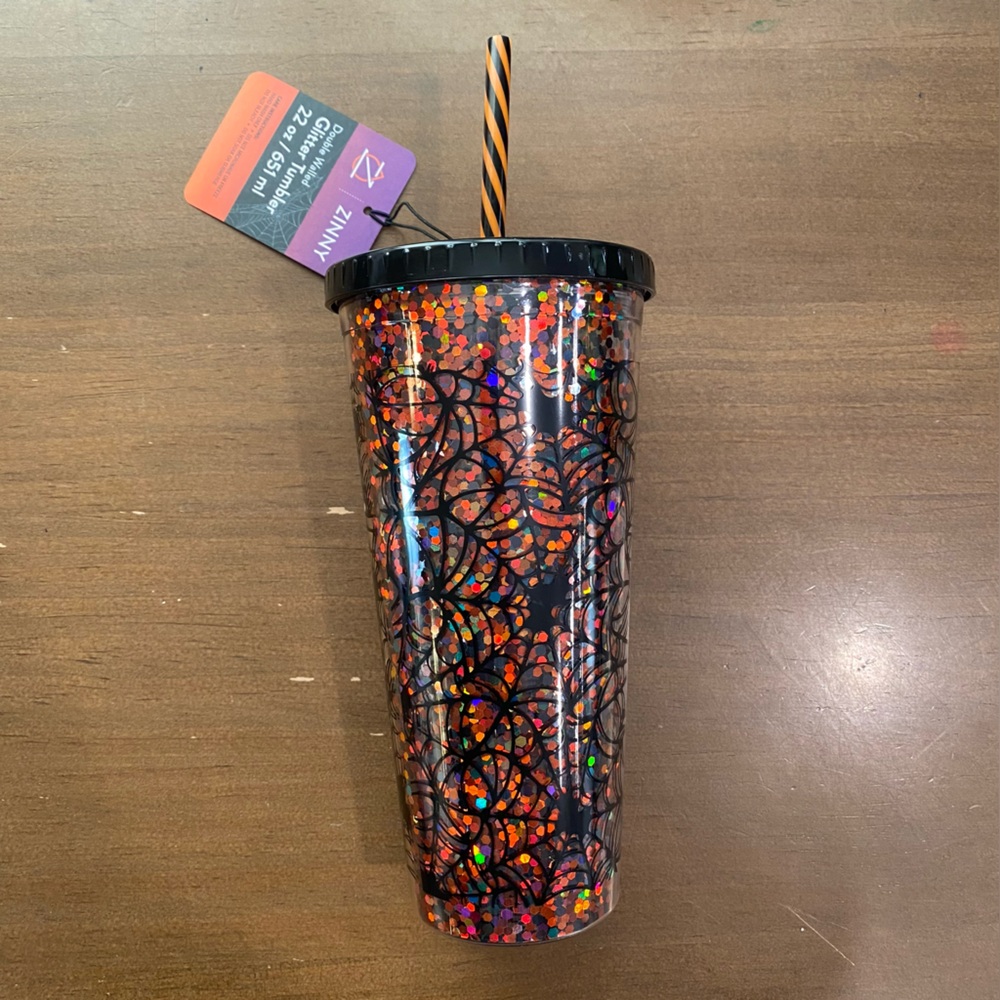 Zinny Double Wall Glitter Tumbler Halloween Spiderweb Black Orange 22Oz Cup NWT